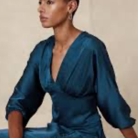 Banana Republic Factory Size 14 Satin Blouse Cropped Balloon Sleeve Blue - Picture 3 of 10